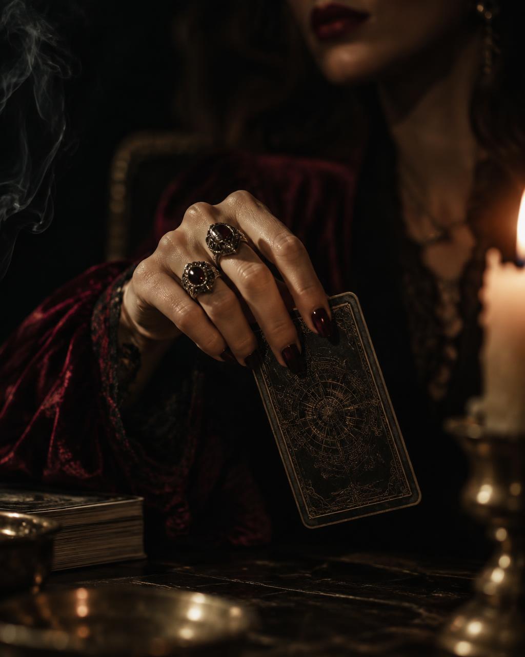 A woman's ringed hand holding a face-down tarot card by candlelight